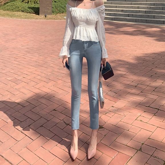 レディース ジーンズ 九分丈スキニーデニムパンツ