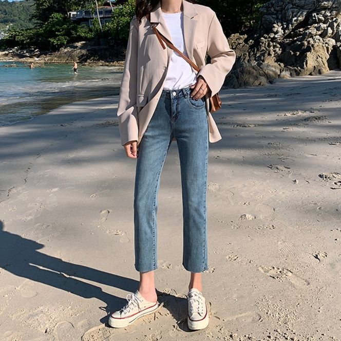 レディース ジーンズ 九分丈スリムストレートデニムパンツ