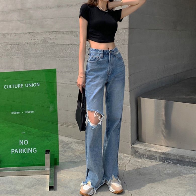 レディース ジーンズ ハイウエストダメージストレートデニムパンツ