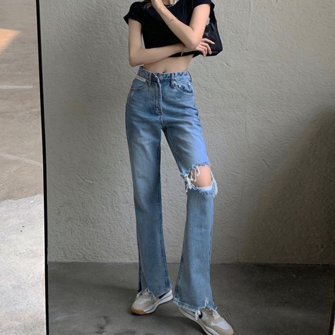 レディース ジーンズ ハイウエストダメージストレートデニムパンツ