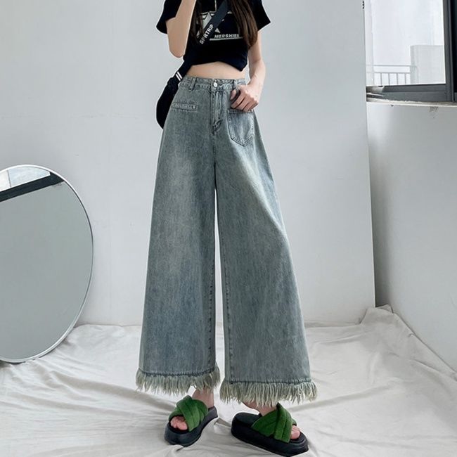 レディース ジーンズ 裾フリンジデザインワイドシルエットデニムパンツ