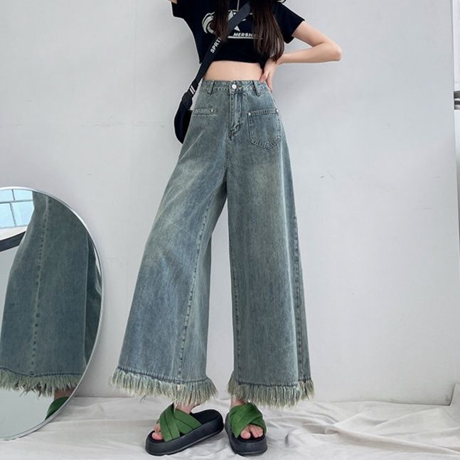レディース ジーンズ 裾フリンジデザインワイドシルエットデニムパンツ