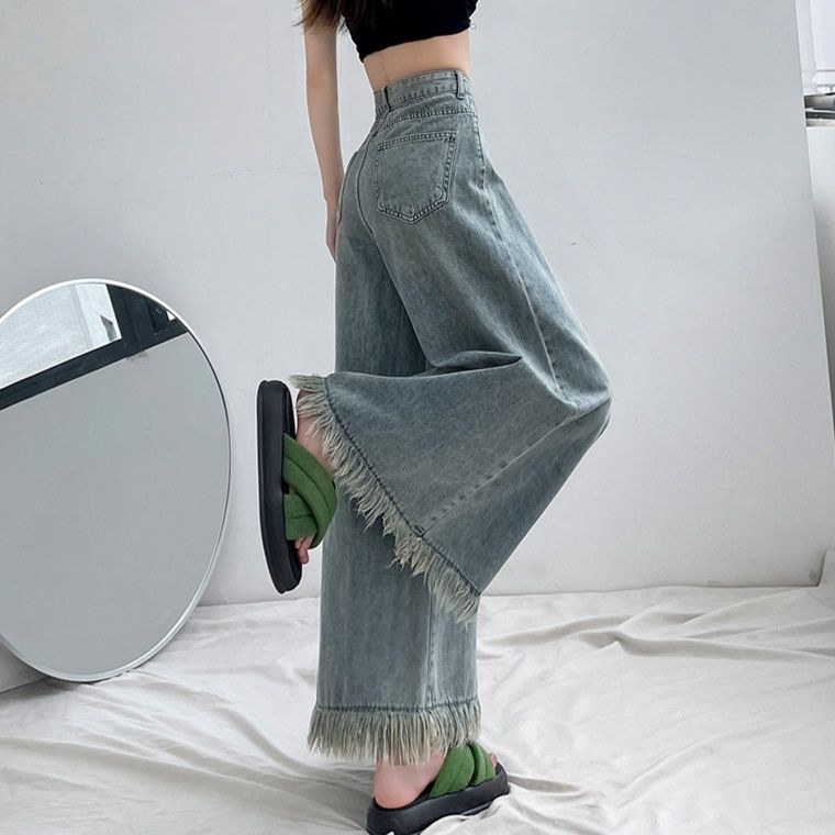 レディース ジーンズ 裾フリンジデザインワイドシルエットデニムパンツ