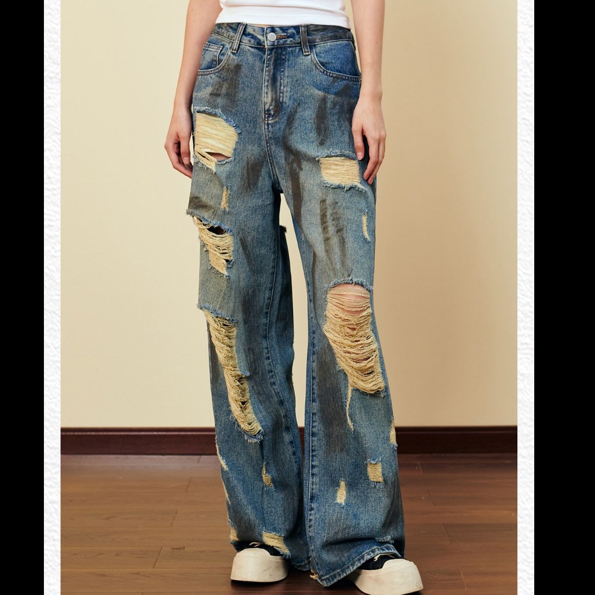 レディース ジーンズ ヴィンテージ風ハードダメージワイドストレートデニムパンツ