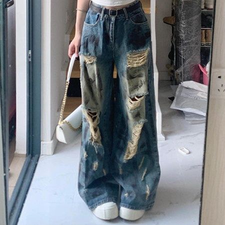 レディース ジーンズ ヴィンテージ風ワイドダメージ加工デニムパンツ