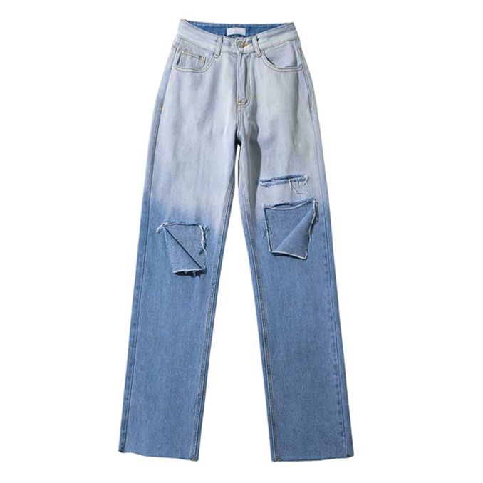 レディース ジーンズ グラデーション加工膝破れダメージストレートデニムパンツ