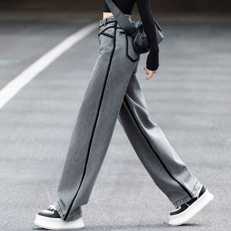 レディースジーンズパンツ ストライプラインワイドデニムストレート