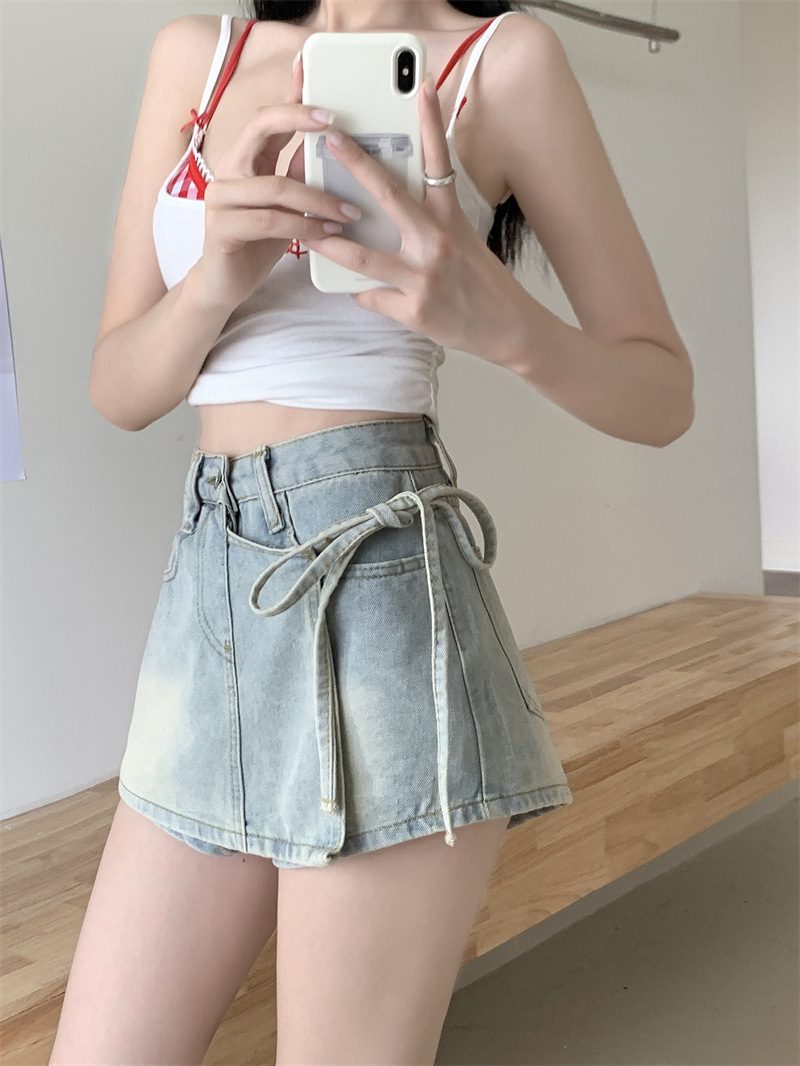 レディースジーンズパンツ リボンモチーフ デニムキュロット