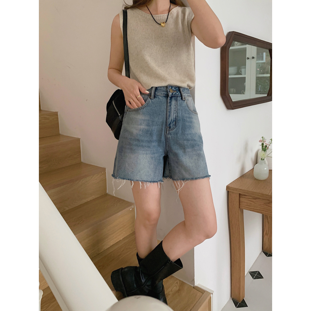 レディースジーンズパンツ フリンジ裾デニムルーズショートパンツ