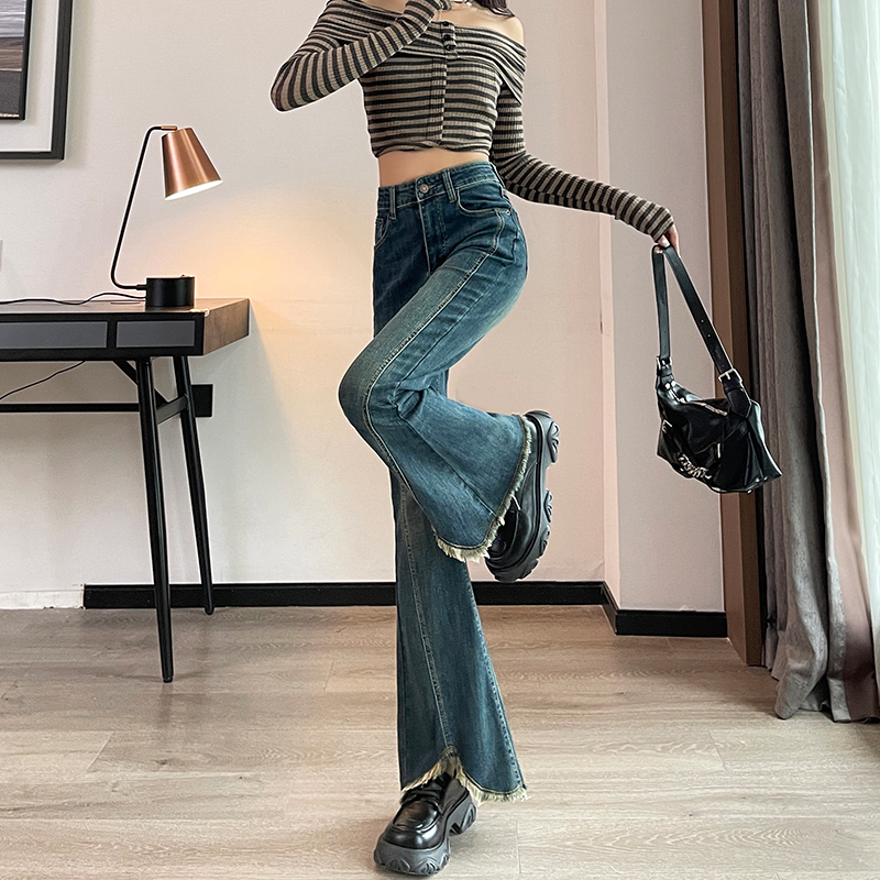 レディースジーンズパンツ ダメージ加工裾フリンジフレアデニム