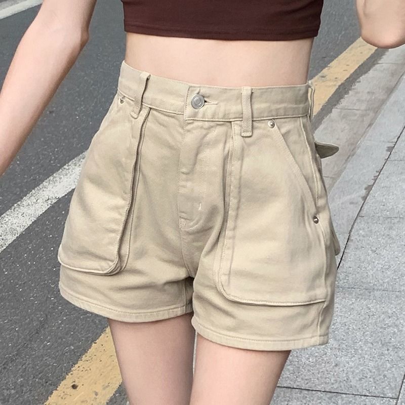 レディースジーンズパンツ ワーク風ビッグポケット付きワイドショーツ