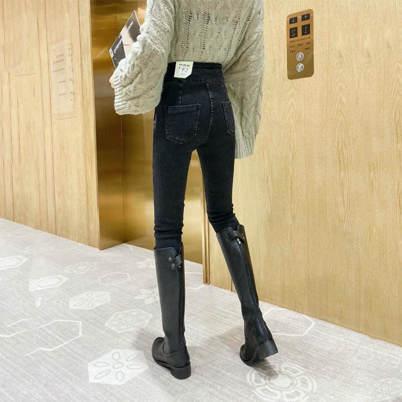 レディース ジーンズ ハイウエスト二重ベルト美脚スキニーデニム