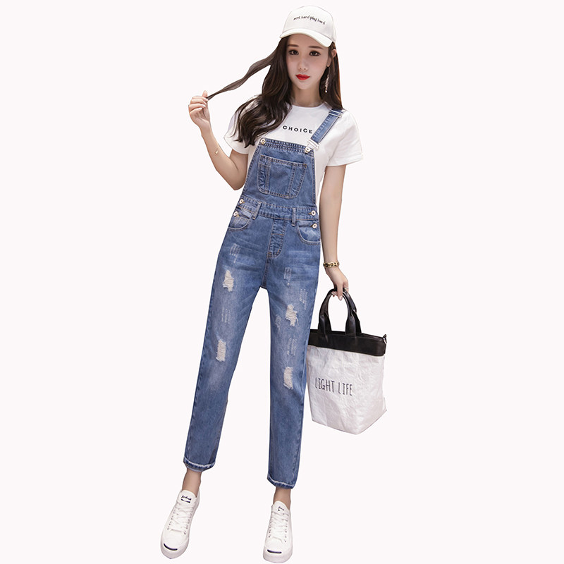 レディース ジーンズ ダメージ加工ロングレングスジーンズサロペット