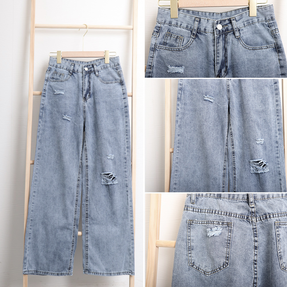 レディース ジーンズ ハイウエスト ダメージ加工 ストレートデニム