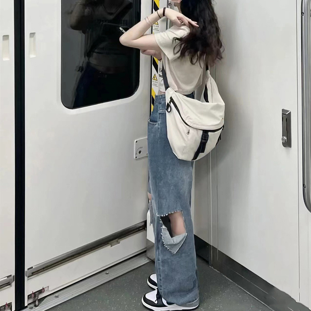 レディース ジーンズ ハイウエスト ダメージデニム ワイドパンツ 春夏秋