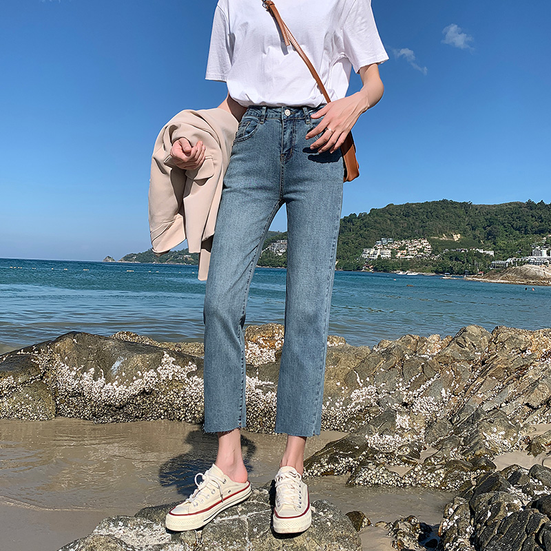 レディース ジーンズ 九分丈スリムストレートデニムパンツ