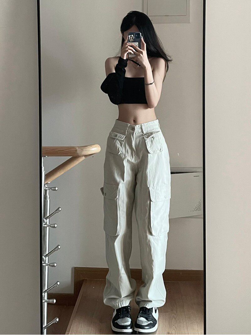 レディース ジーンズ ワイドシルエット多機能ポケット付デニムカーゴパンツ