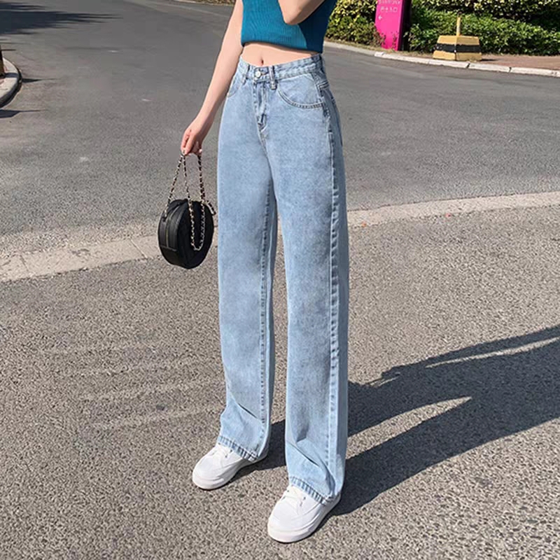 レディースジーンズパンツ ロングシルエット ストレートデニムパンツ