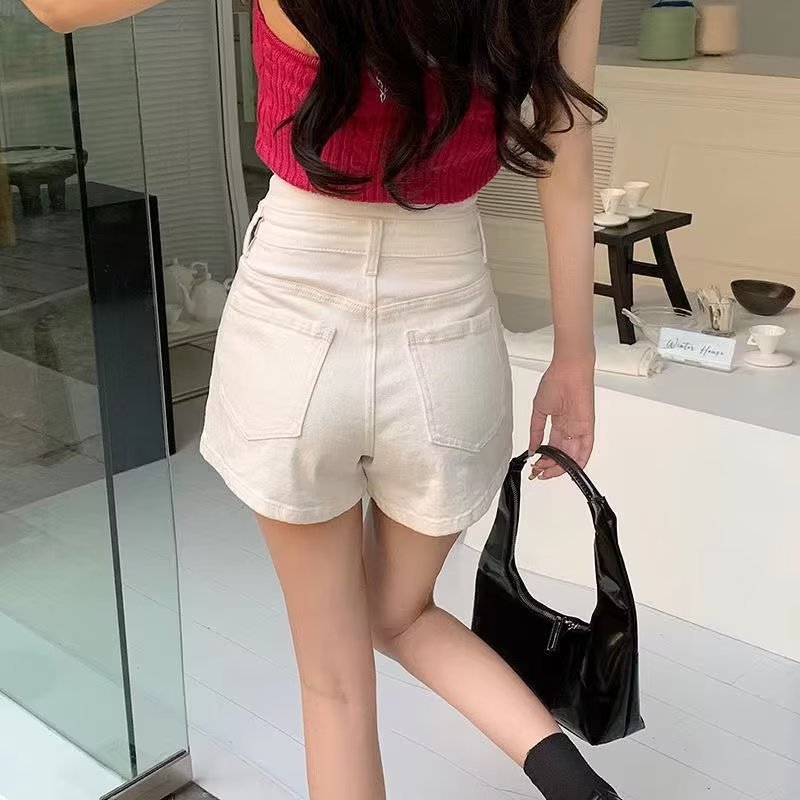 レディースジーンズパンツ フェミニンカラー ハイウエストデニムショートパンツ