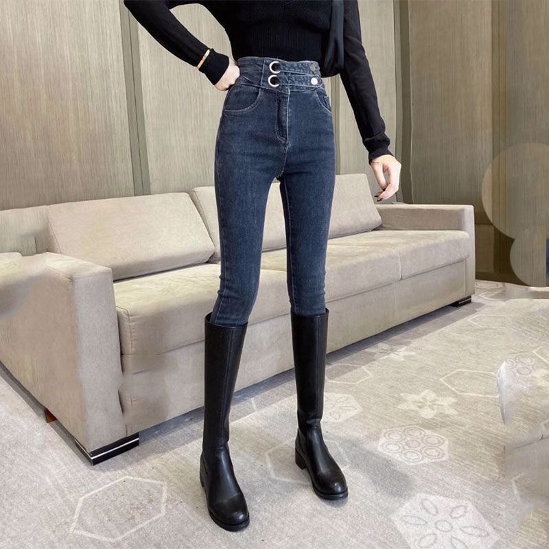 レディース ジーンズ ハイウエスト二重ベルト美脚スキニーデニム