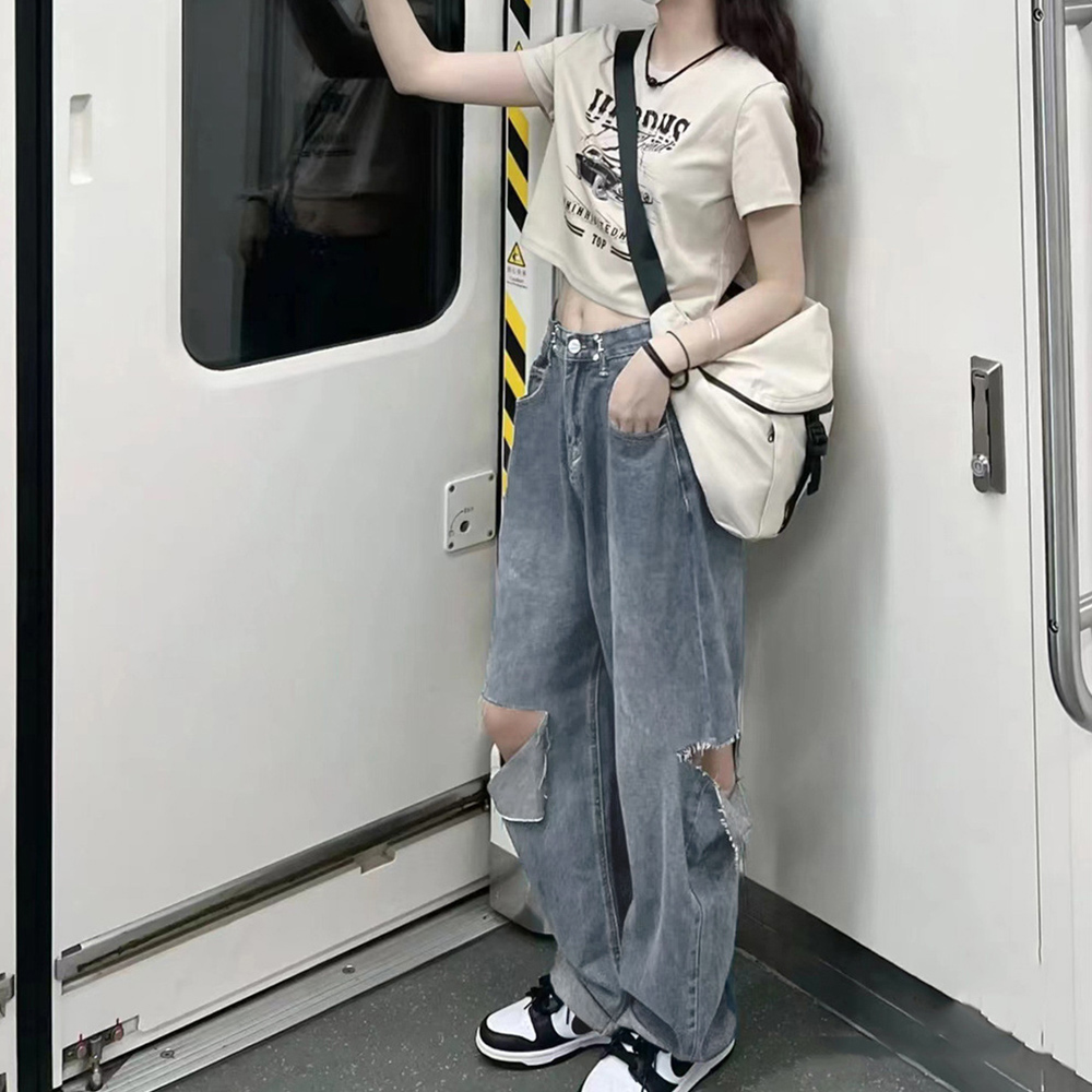 レディース ジーンズ ハイウエスト ダメージデニム ワイドパンツ 春夏秋