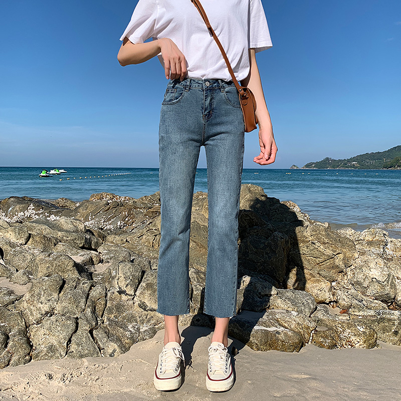 レディース ジーンズ 九分丈スリムストレートデニムパンツ