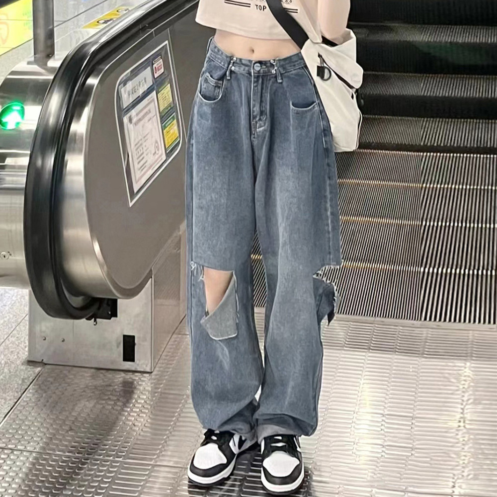 レディース ジーンズ ハイウエスト ダメージデニム ワイドパンツ 春夏秋