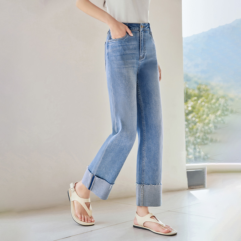 レディース ジーンズ 折り返し美脚ストレートデニム