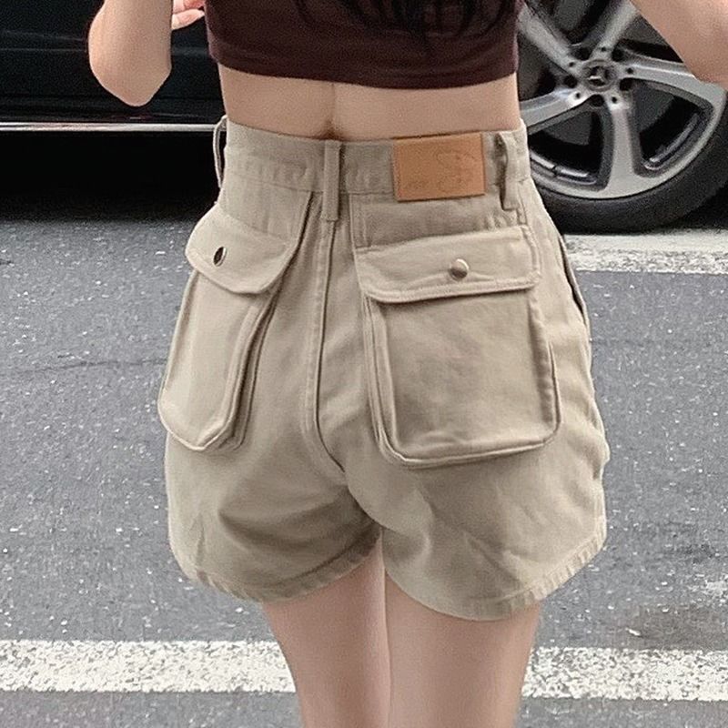 レディースジーンズパンツ ワーク風ビッグポケット付きワイドショーツ