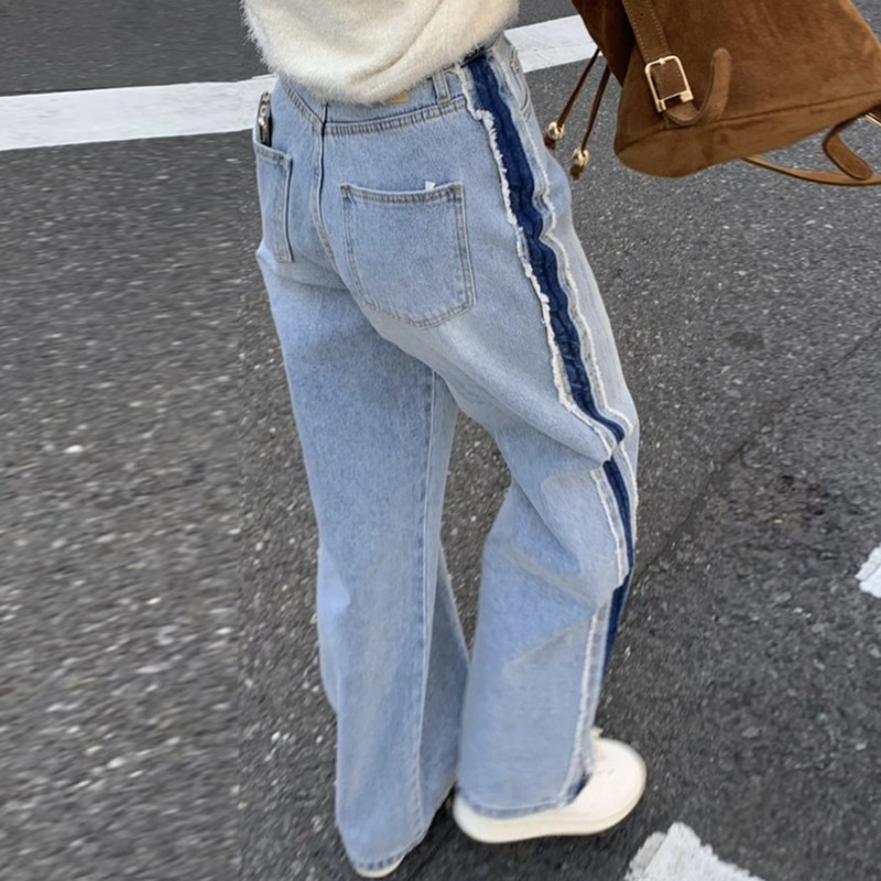 レディースジーンズパンツ サイドラインフリンジストレートデニム