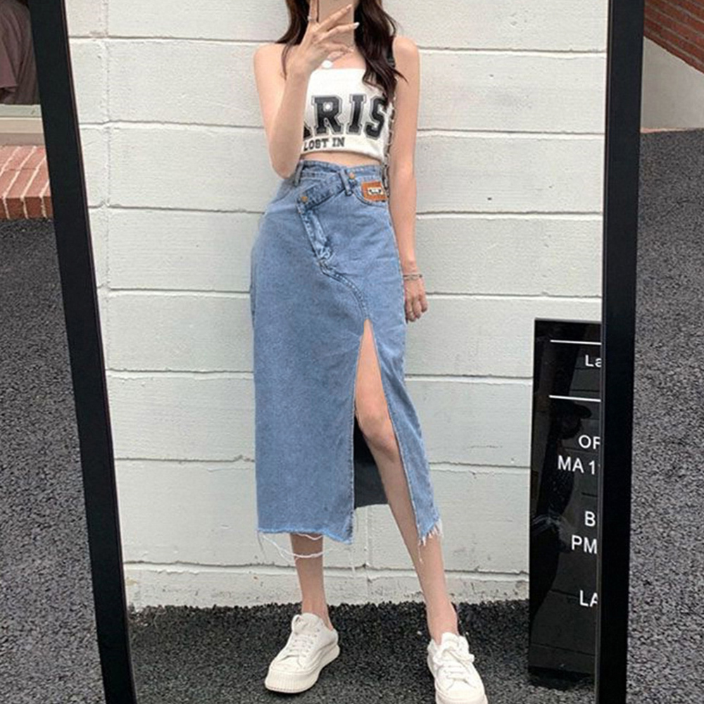 レディース ジーンズ デニムスカート アシンメトリー美脚スリット