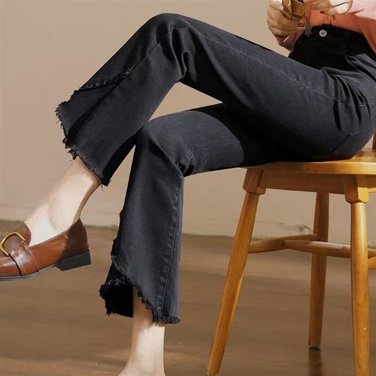 レディース ジーンズ 裾フリンジスリムストレートデニムパンツ