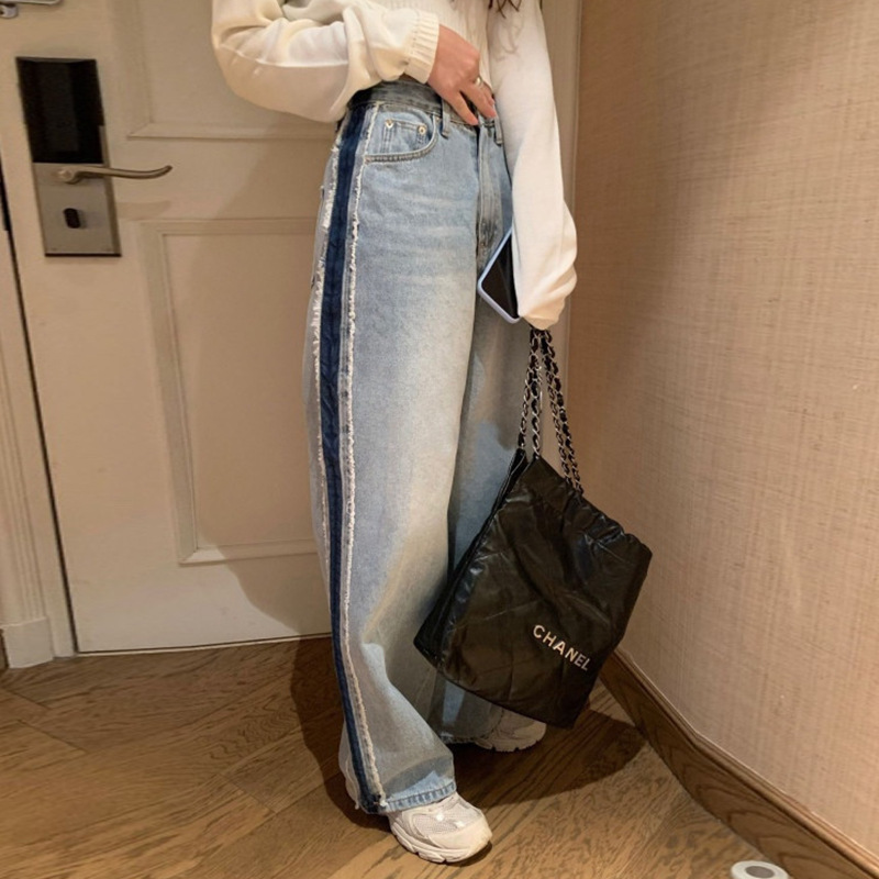 レディースジーンズパンツ サイドラインフリンジストレートデニム