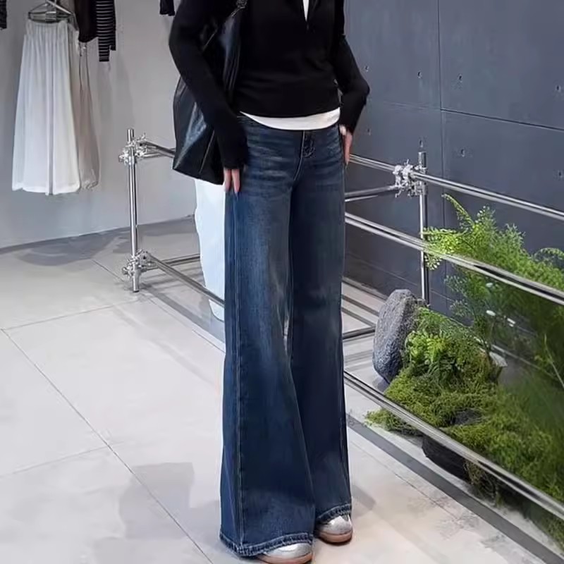 レディースジーンズパンツ ワイドフレアデニムパンツ 美脚きれいめシルエット