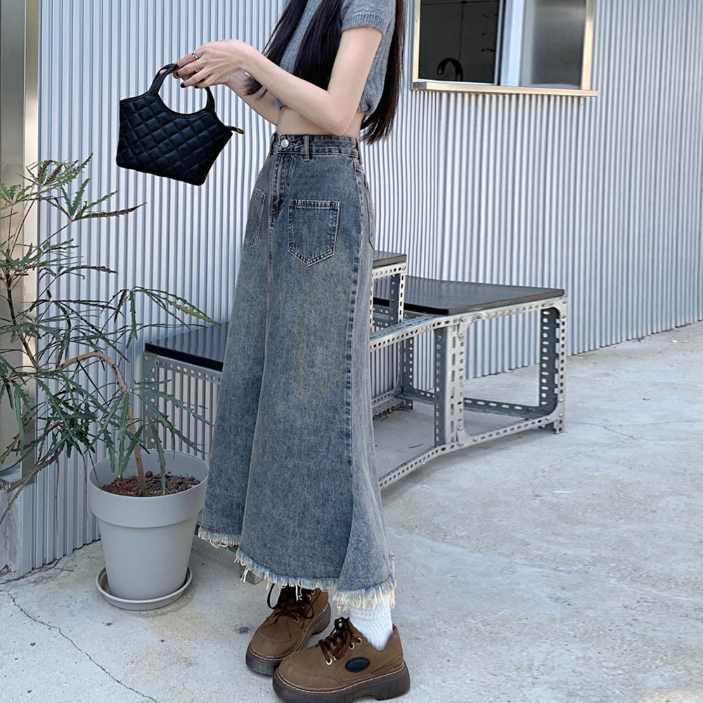 レディース ジーンズ ハイウエストフリンジデニムスカート ロング丈