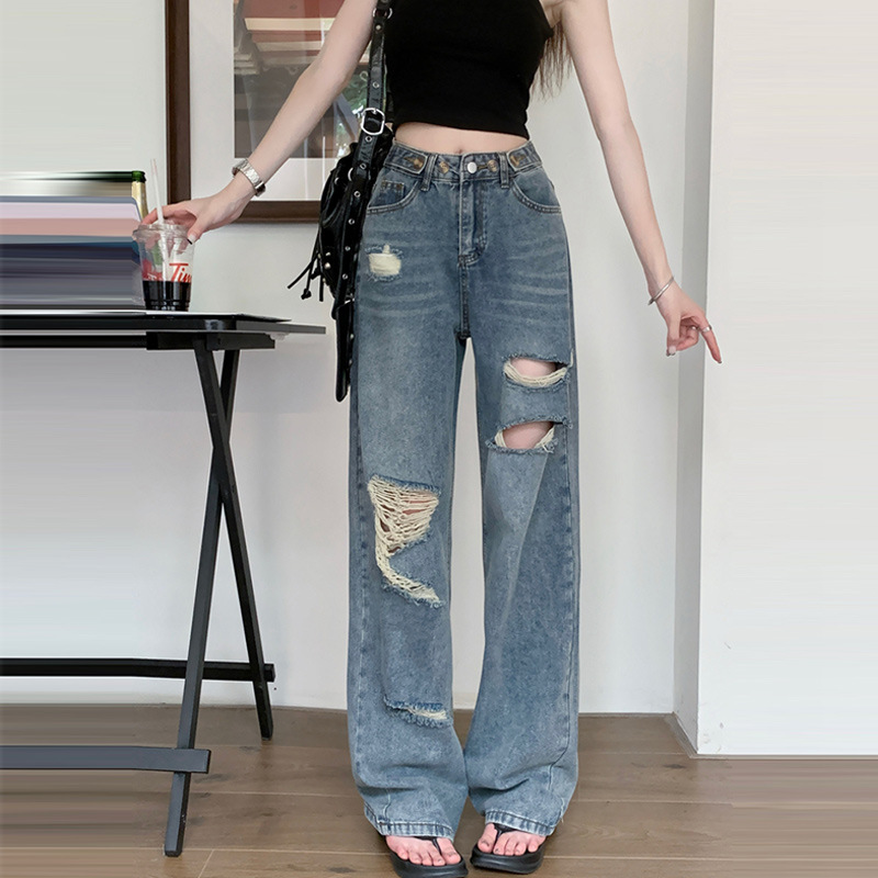 レディースジーンズパンツ クラッシュ加工ゆるだぼデニム