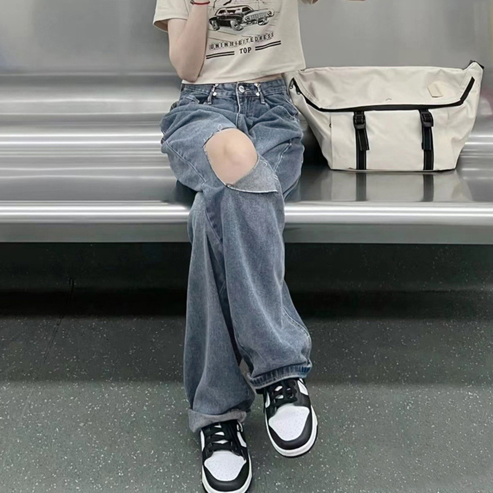 レディース ジーンズ ハイウエスト ダメージデニム ワイドパンツ 春夏秋