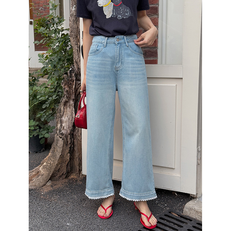 レディース ジーンズ すっきりシルエット裾フリンジワイドデニム