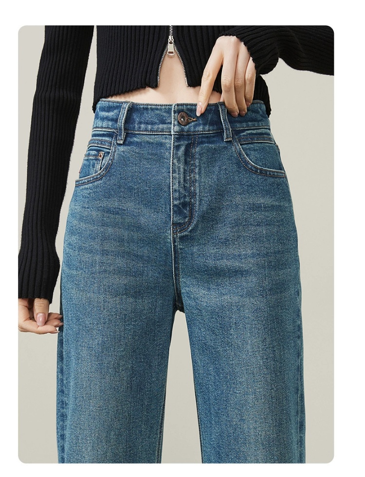 レディースジーンズパンツ 裾折り返しストレートデニムパンツ
