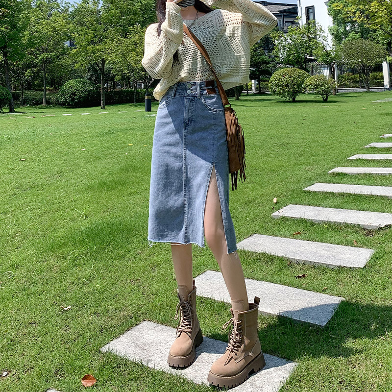 レディース ジーンズ サイドスリット入りハイウエストミディ丈デニムスカート