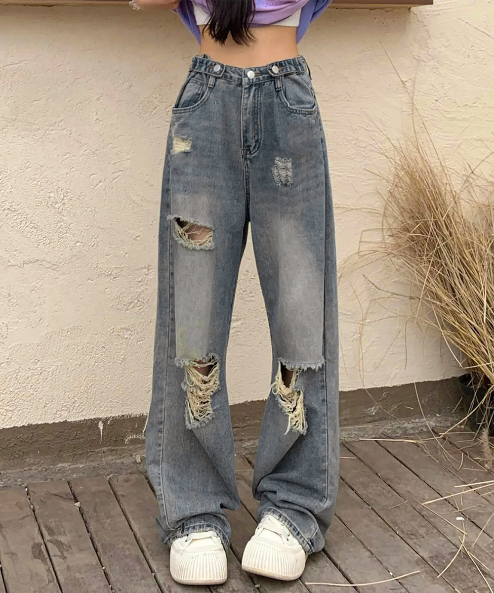 レディース ジーンズ ハイウエストダメージデニム ワイドパンツ