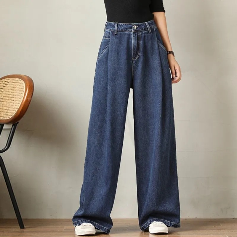 レディースジーンズパンツ タック入りワイドデニムパンツ