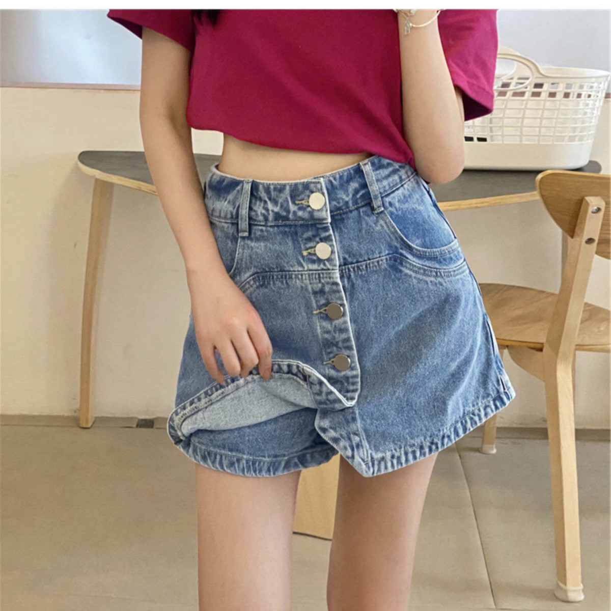 レディースジーンズパンツ フロントボタン台形デニムスカート