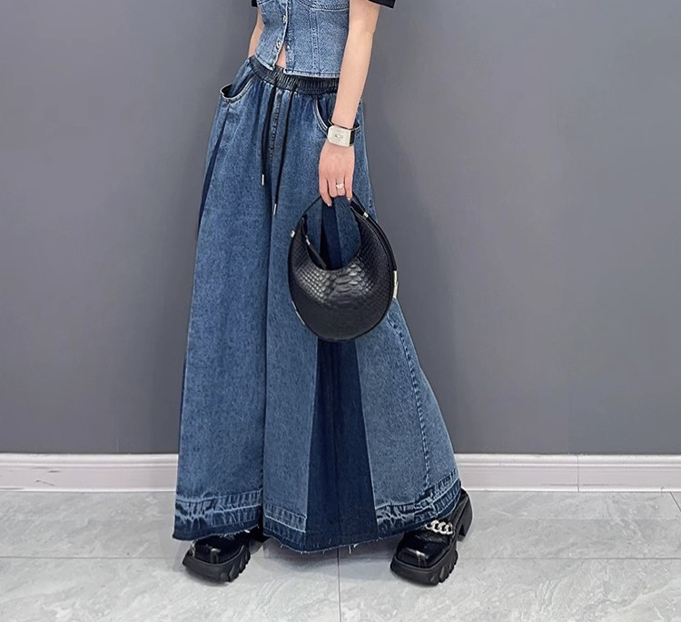 レディース ジーンズ 個性派デニム切替ワイドパンツ レディース
