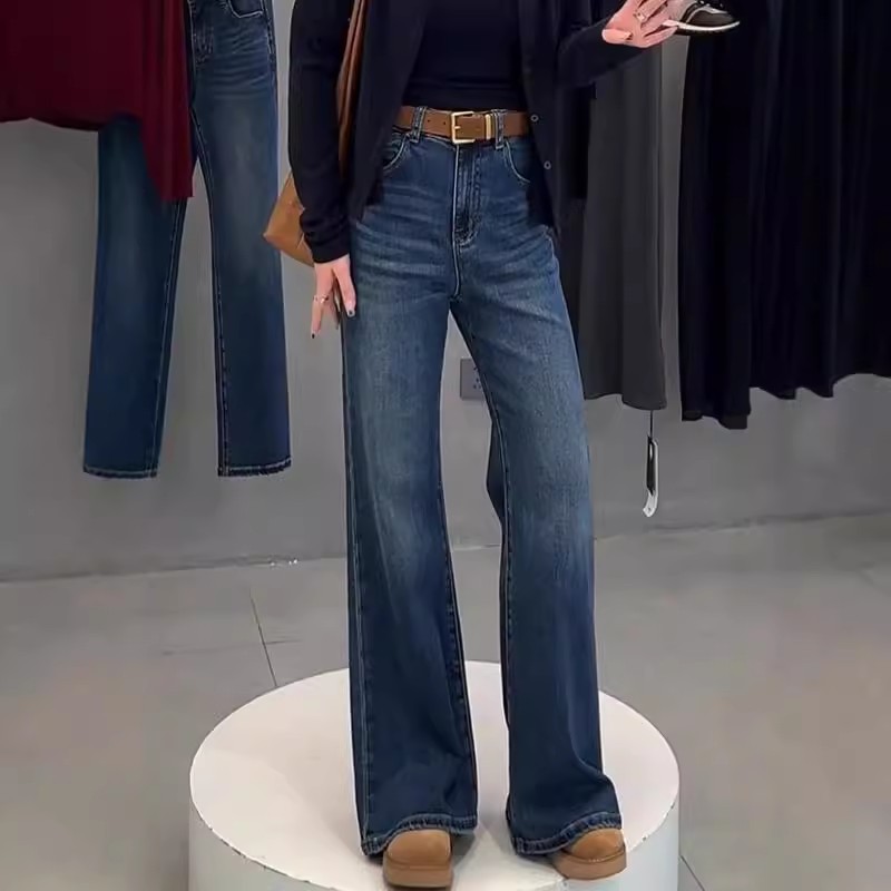 レディースジーンズパンツ ワイドフレアデニムパンツ 美脚きれいめシルエット