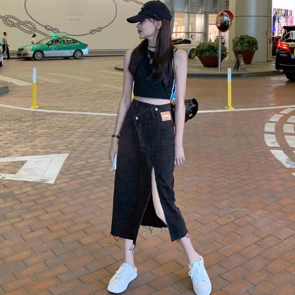 レディース ジーンズ デニムスカート アシンメトリー美脚スリット