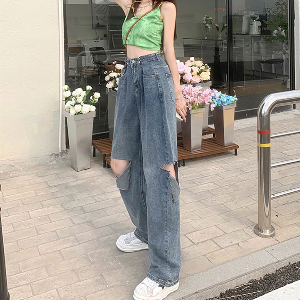 レディース ジーンズ ハイウエスト ダメージデニム ワイドパンツ 春夏秋