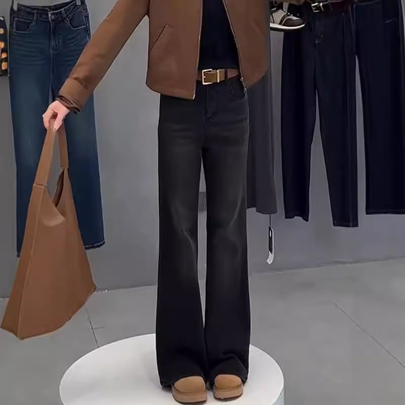 レディースジーンズパンツ ワイドフレアデニムパンツ 美脚きれいめシルエット
