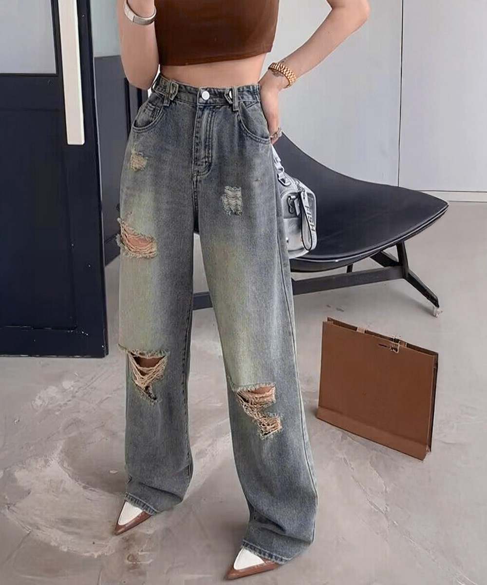 レディース ジーンズ ハイウエストダメージデニム ワイドパンツ