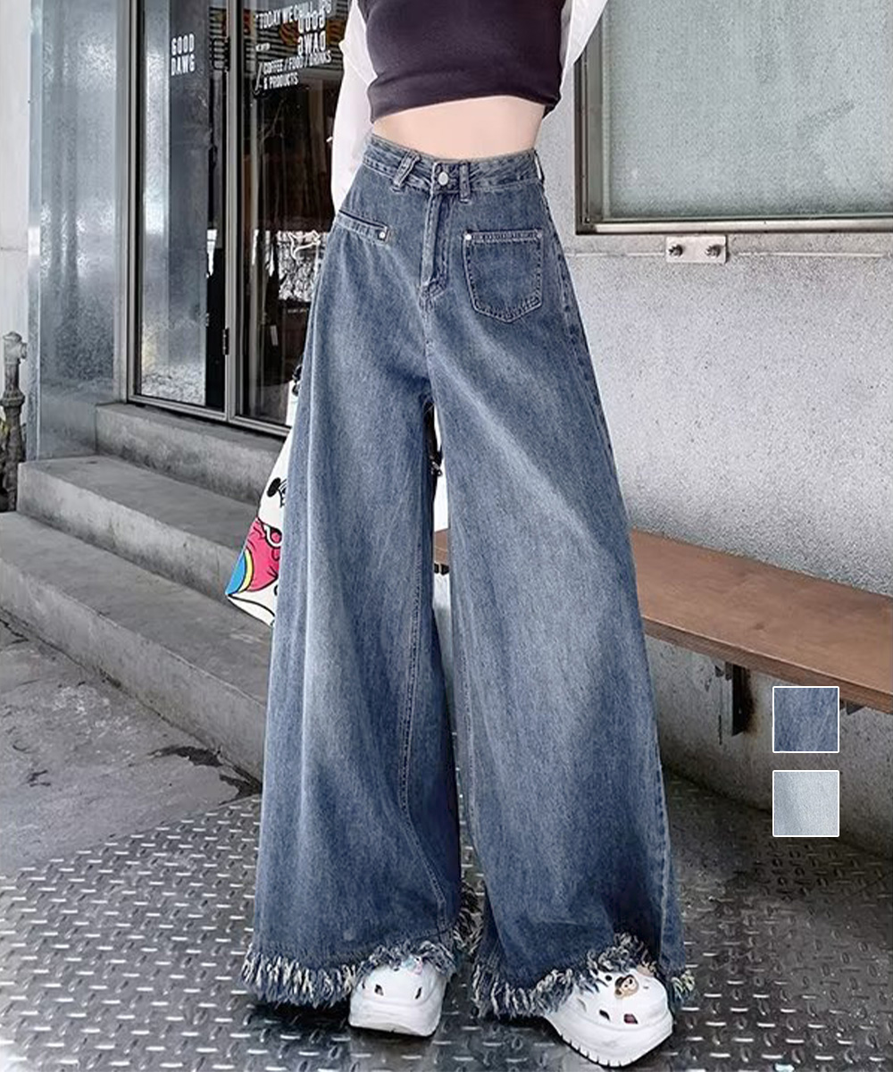 レディース ジーンズ ワイドデニム 裾フリンジ 美脚パンツ